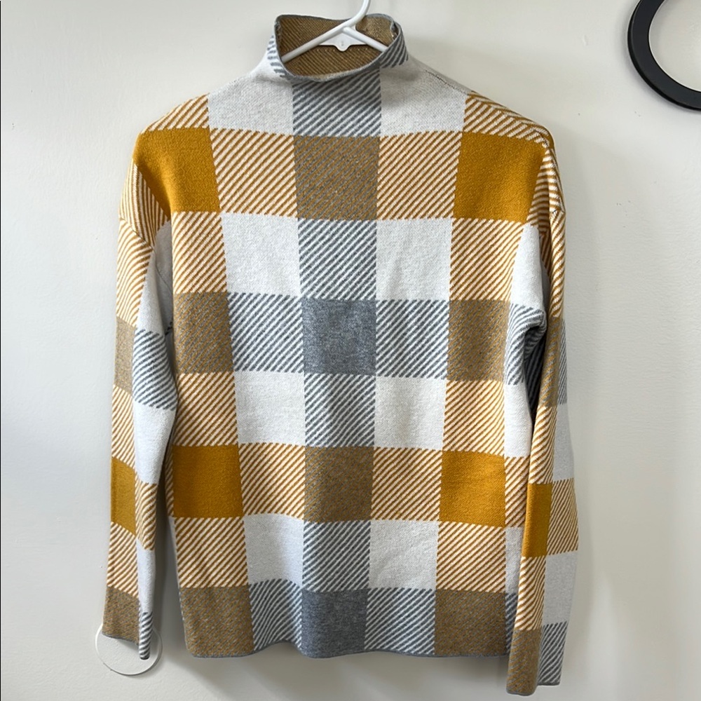 Tahari High Neck Soft Plaid Sweater - Mustard, Gray, White